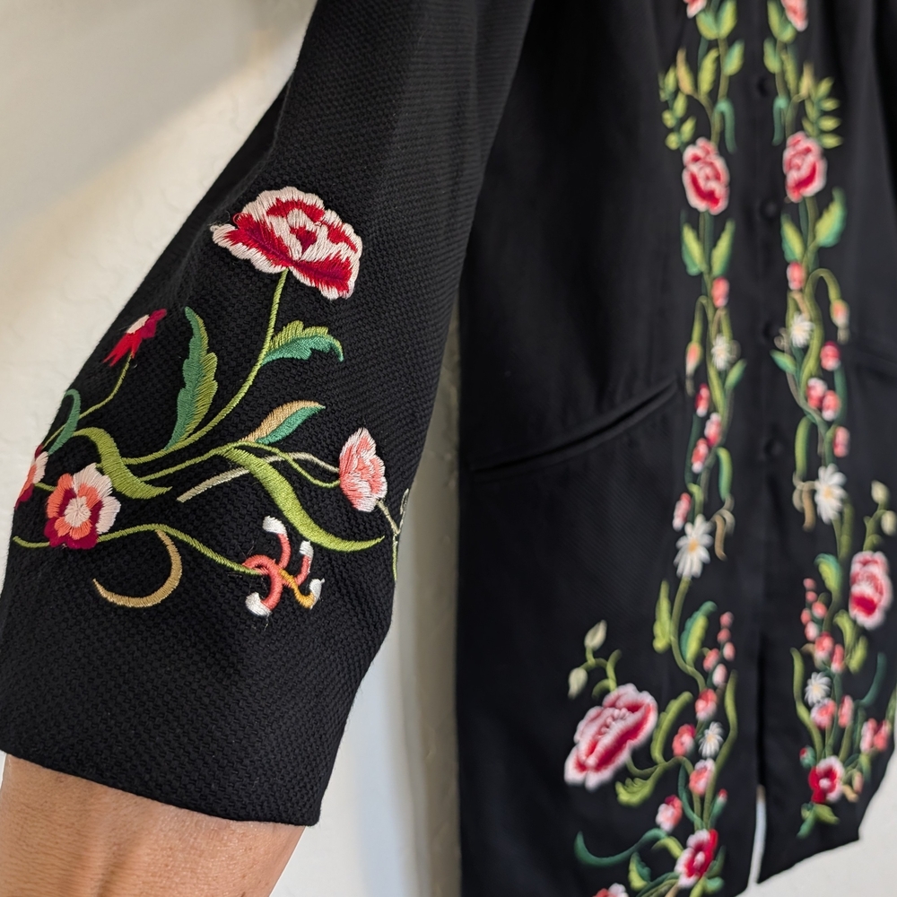 VTG 90s Victor Costa Occasion Black Floral Embroidery Duster Jacket Boho Cottage - Picture 8 of 11